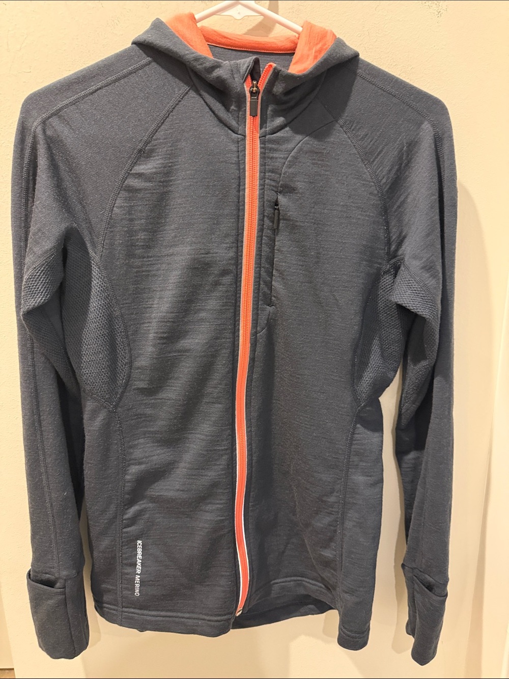 Icebreaker Quantum GT Merino Hooded Zip Jacket — Slate Blue with Coral Trim sz 8
